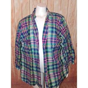 Chaps Multicolor Plaid 3/4 Sleeve Button Up Blouse Sz 2X
